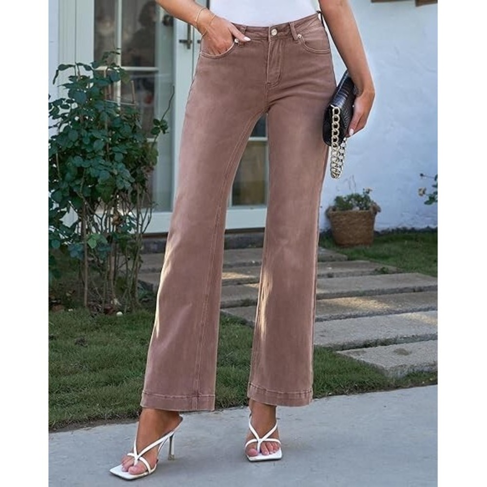 Grapent Womens Flare Jeans High Waisted‎ Wide Leg Baggy Stretch Denim Brown XXL
